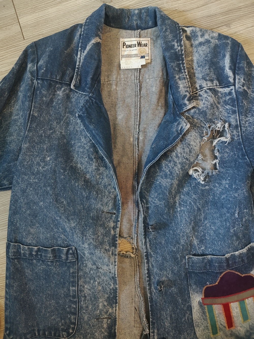 PIONEER WEAR Vintage Denim Trench Coat with Leather Thunderbird SZ 8 - Picture 3 of 8